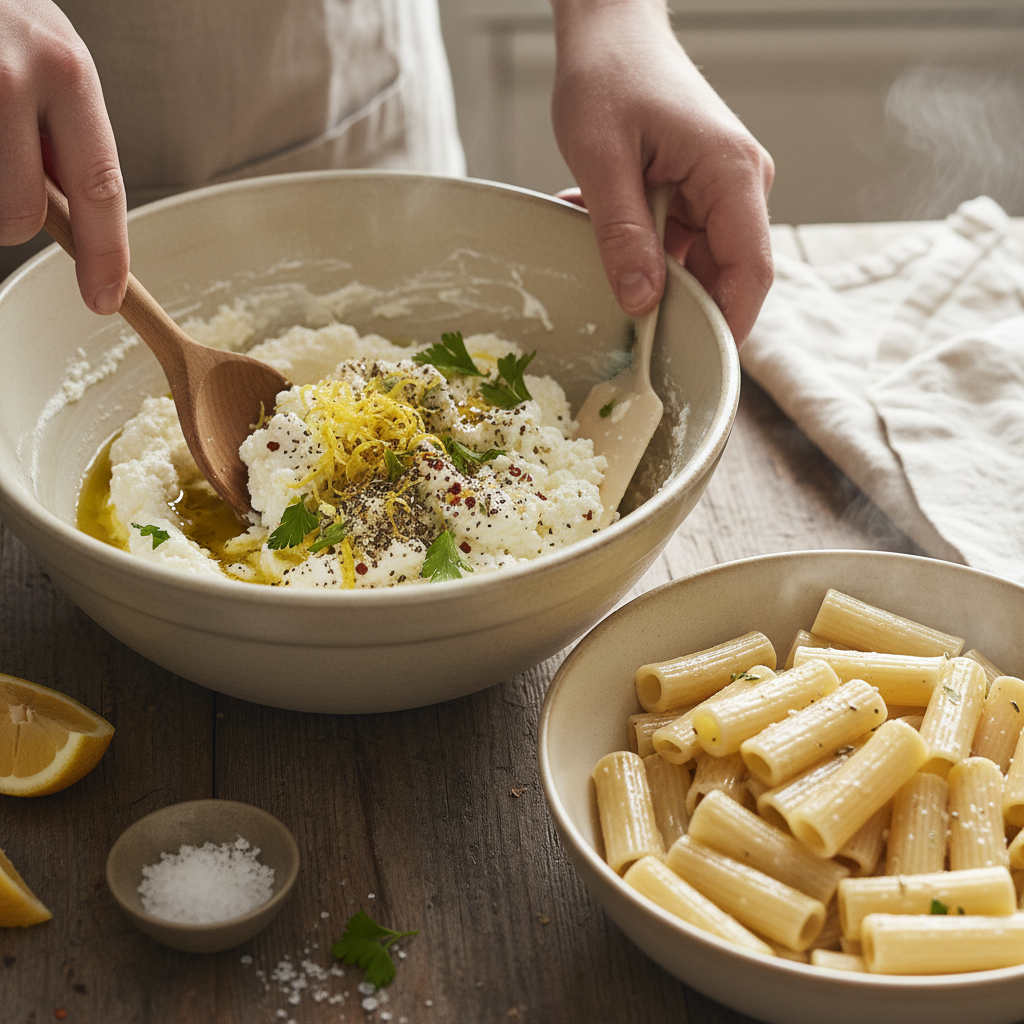 Adding pasta water to lemon ricotta sauce