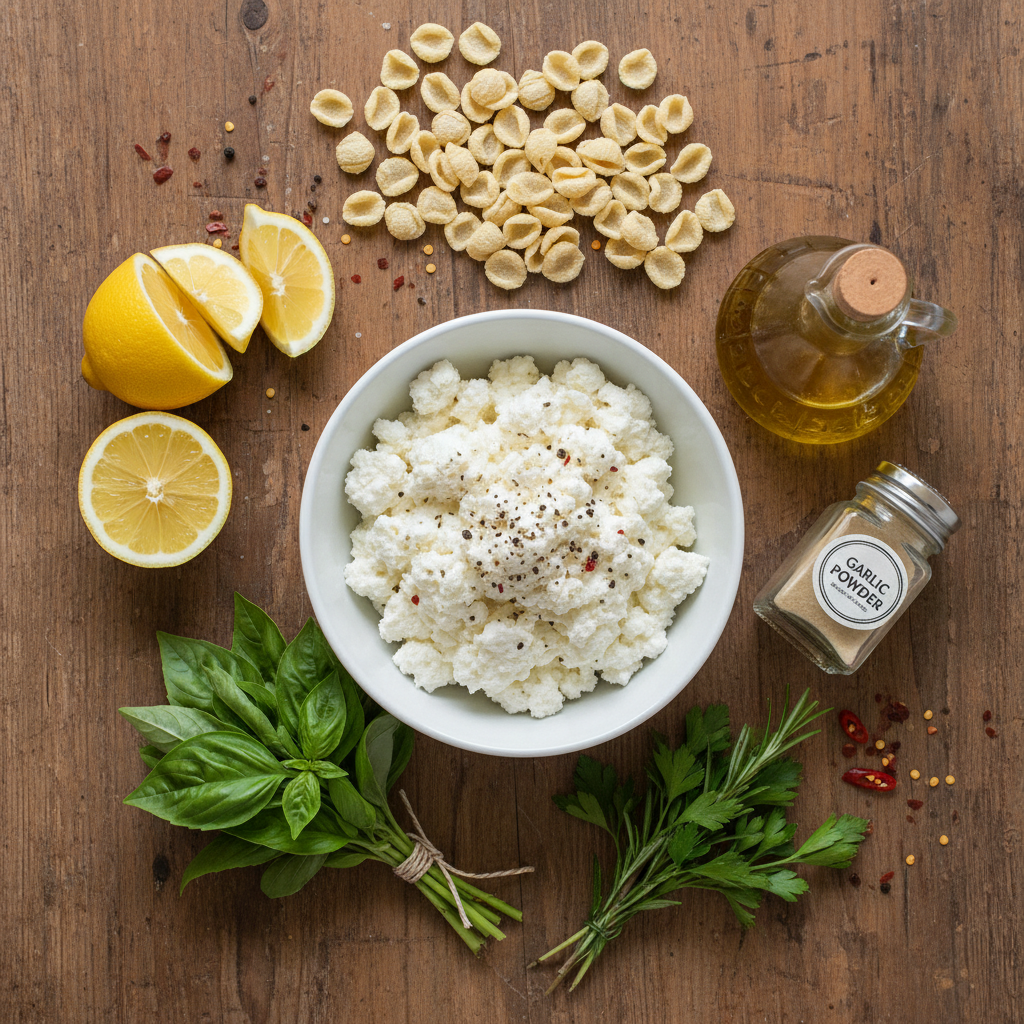 Ingredients for Lemon Ricotta Pasta including ricotta cheese and lemon