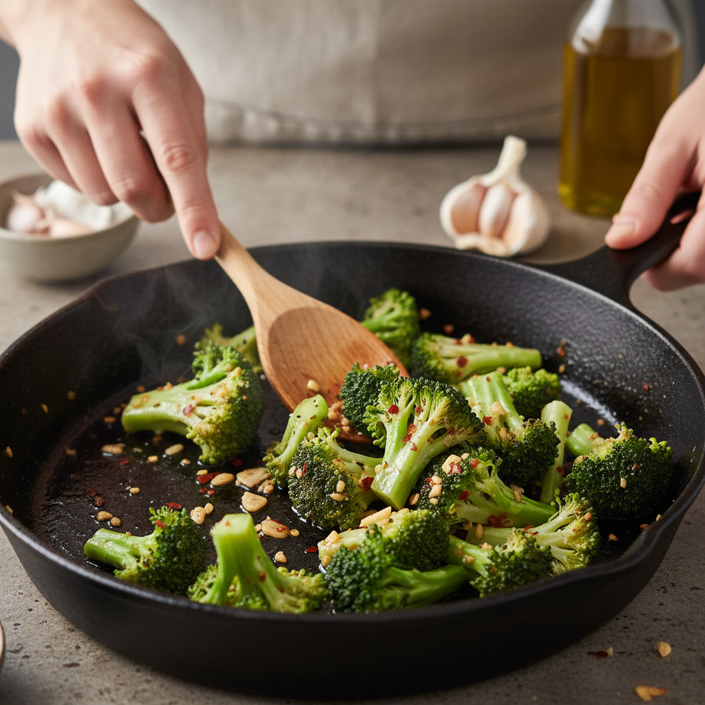 Broccoli cooking and seasoning in skillet