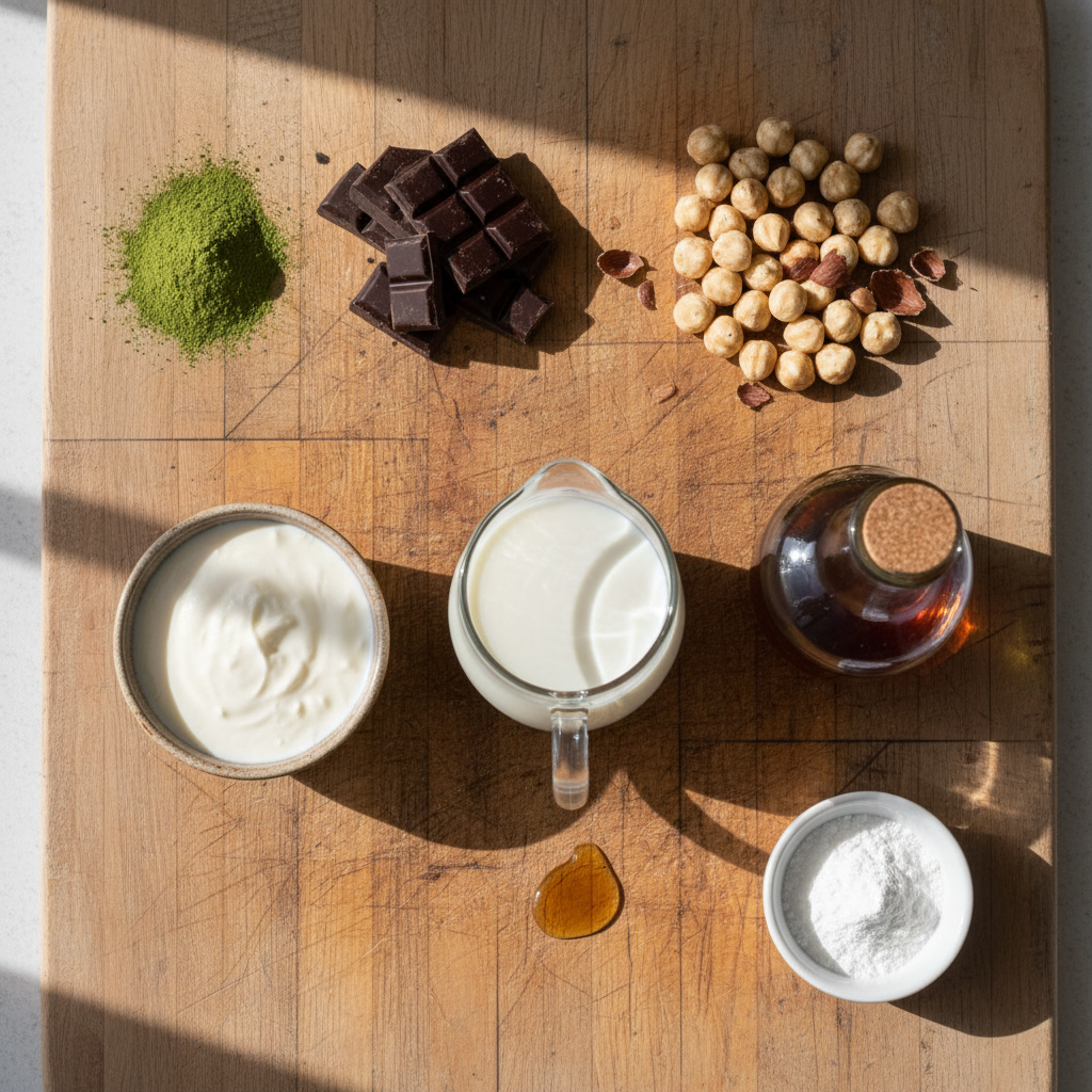 Ingredients for Chocolate Hazelnut Matcha Pudding