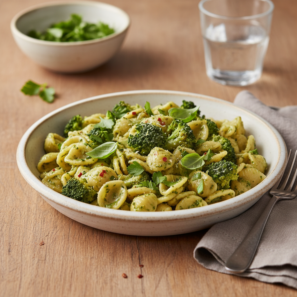 Finished broccoli pasta ready to serve