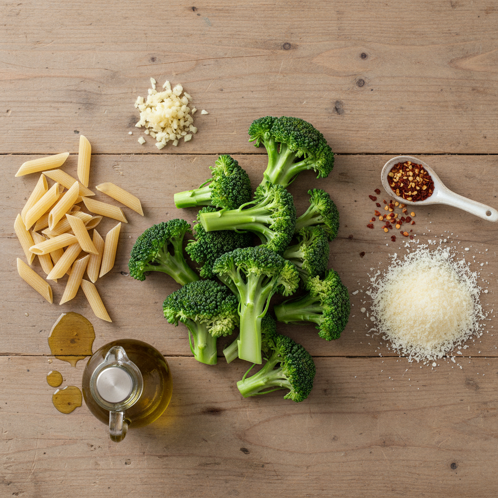 Fresh broccoli and pasta ingredients ready to cook
