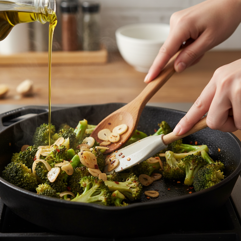 Broccoli cooking with garlic and spices in skillet