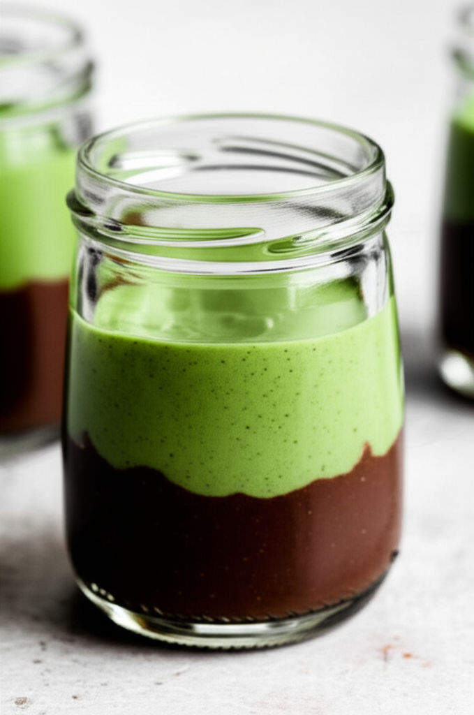 Chocolate Hazelnut Matcha Pudding dessert in jars