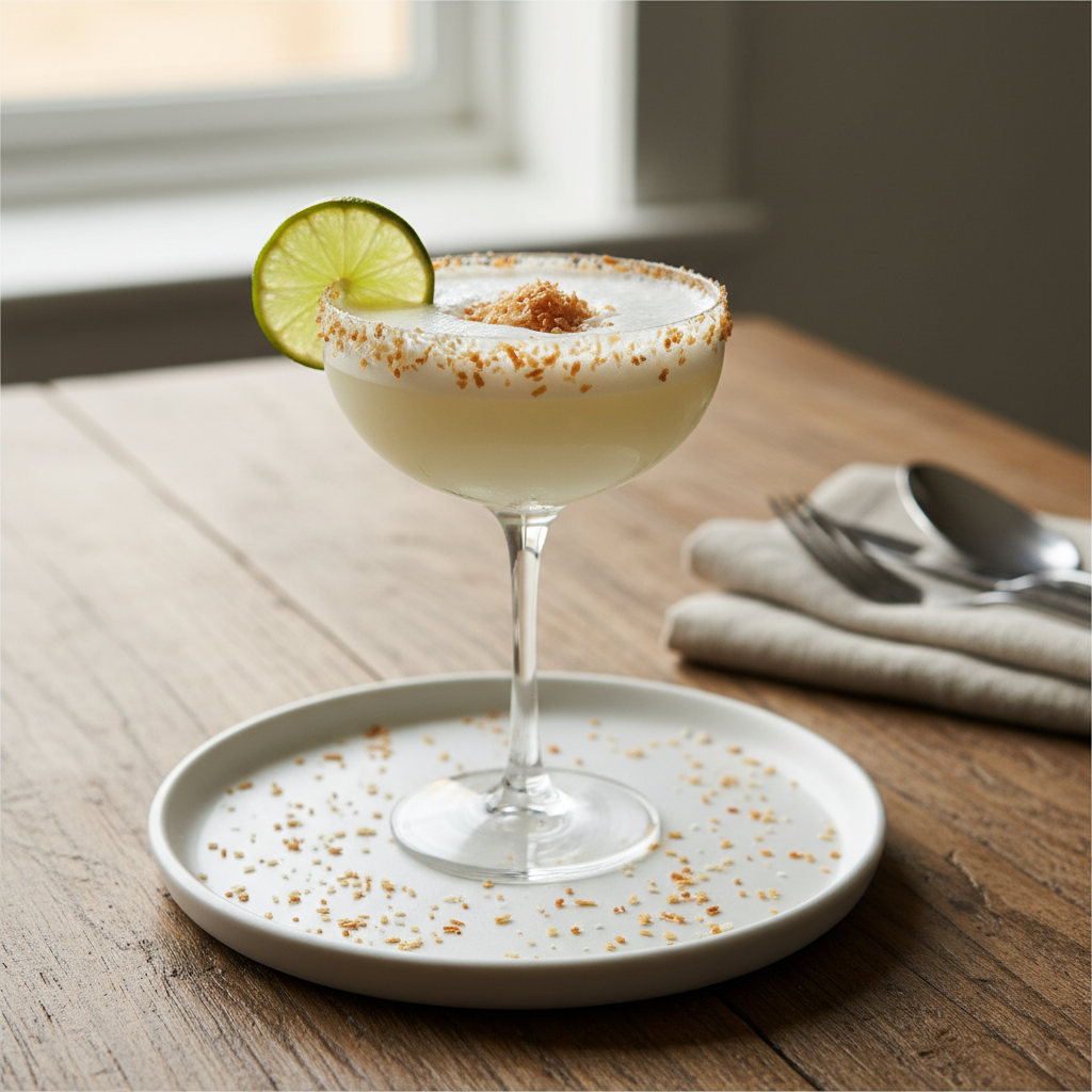 Served Lime Coconut Daiquiri garnished with lime wheel and toasted coconut
