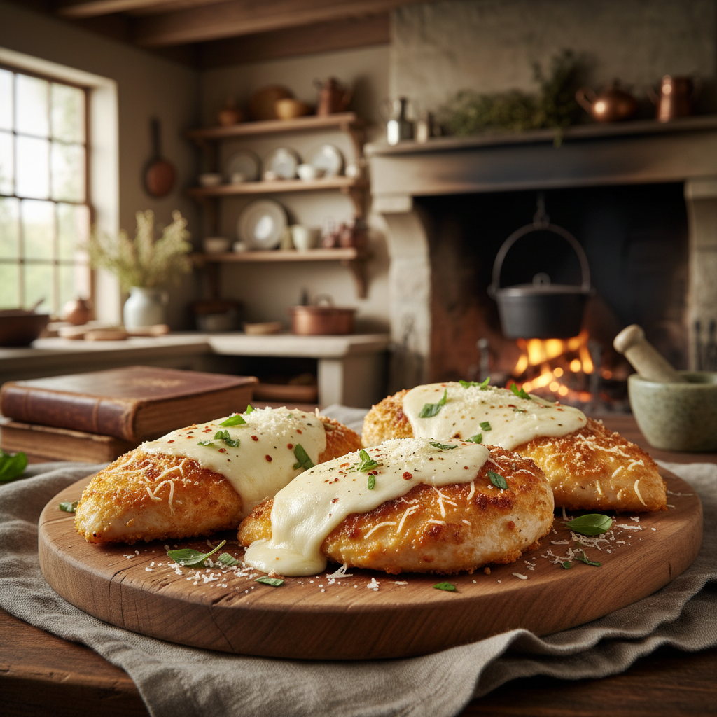 Chicken coated with flour, egg and bread crumb mixture