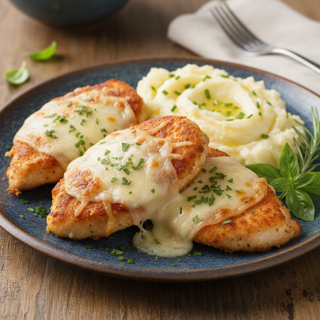 Serving Parmesan Chicken with mashed potatoes and salad