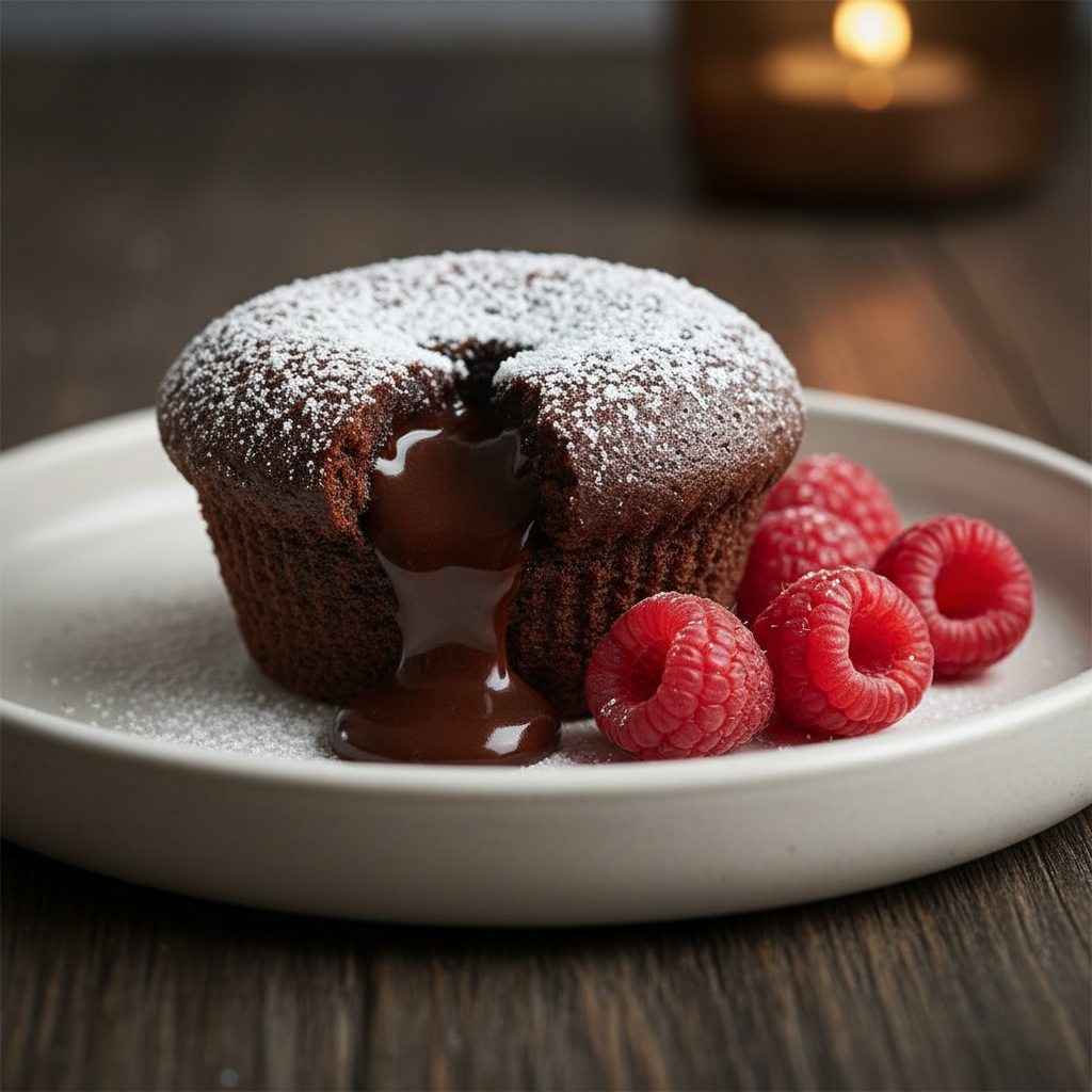 Finished chocolate lava cupcakes with serving suggestions