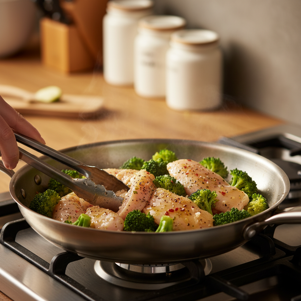 Cooking chicken breasts in olive oil for chicken alfredo