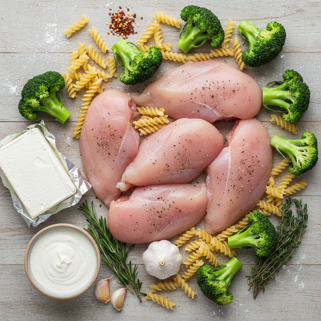 Ingredients for low-calorie chicken alfredo sauce and pasta