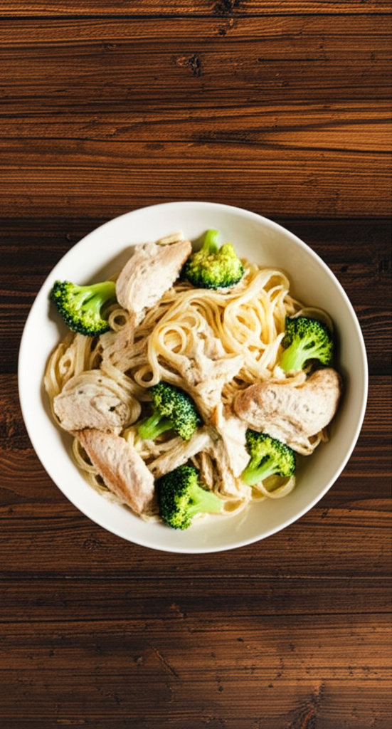 Garlic Alfredo sauce on chicken and broccoli