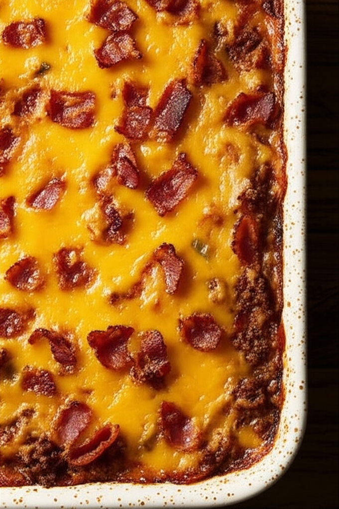 Low-Carb Bacon Cheeseburger Casserole dish with ingredients and toppings