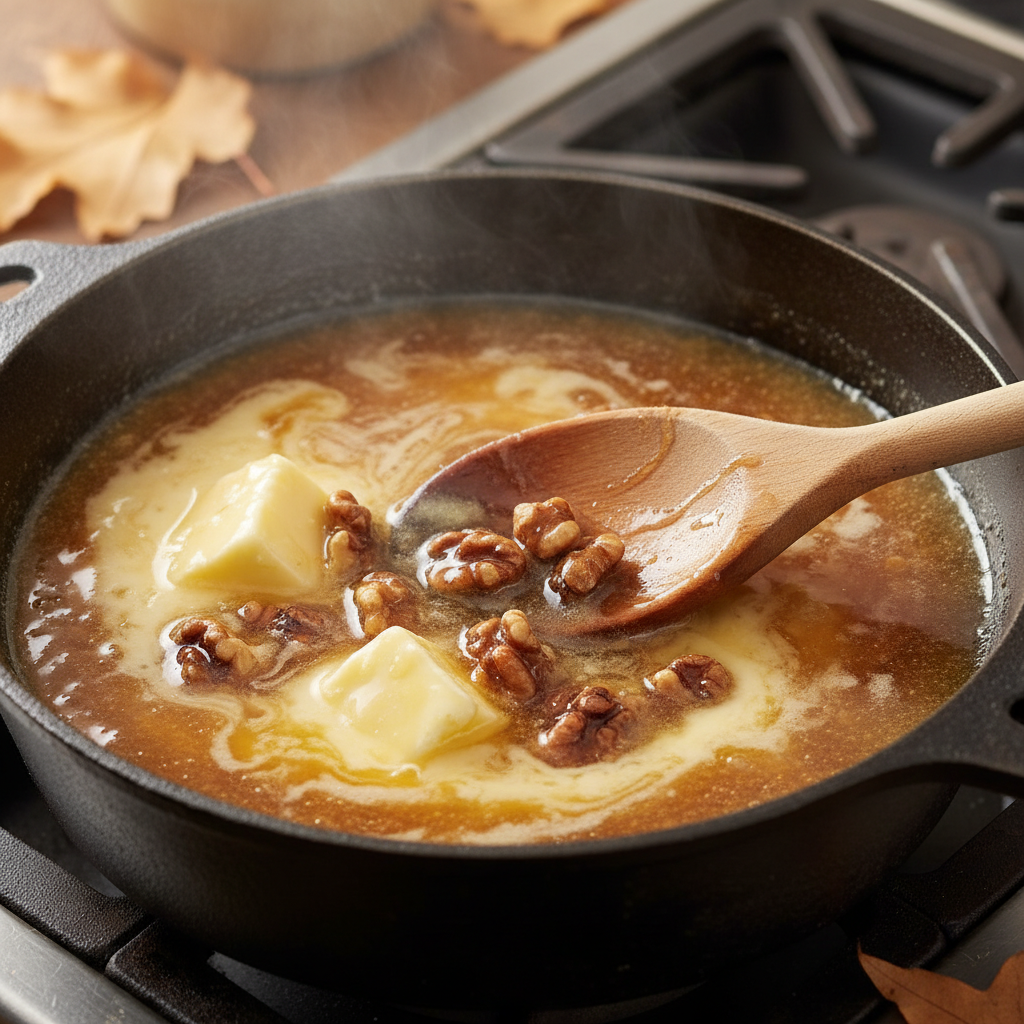 Adding walnuts and vanilla to fudge mixture