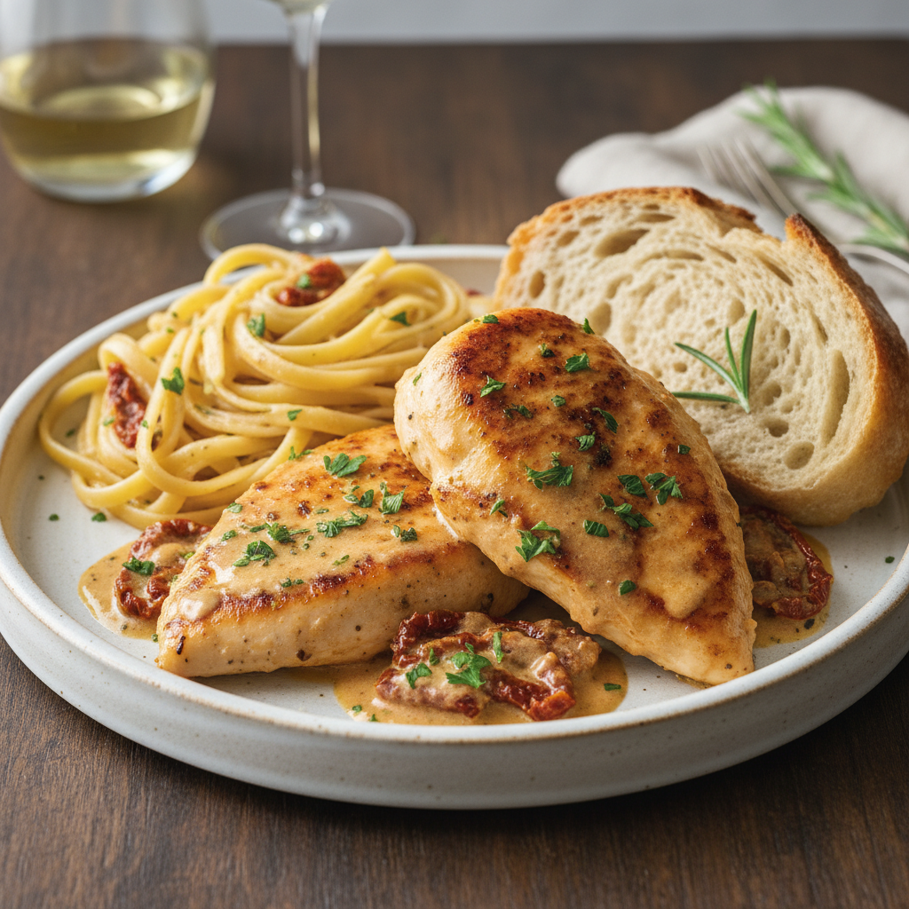 Serving suggestions for Marry Me Chicken including pasta and bread