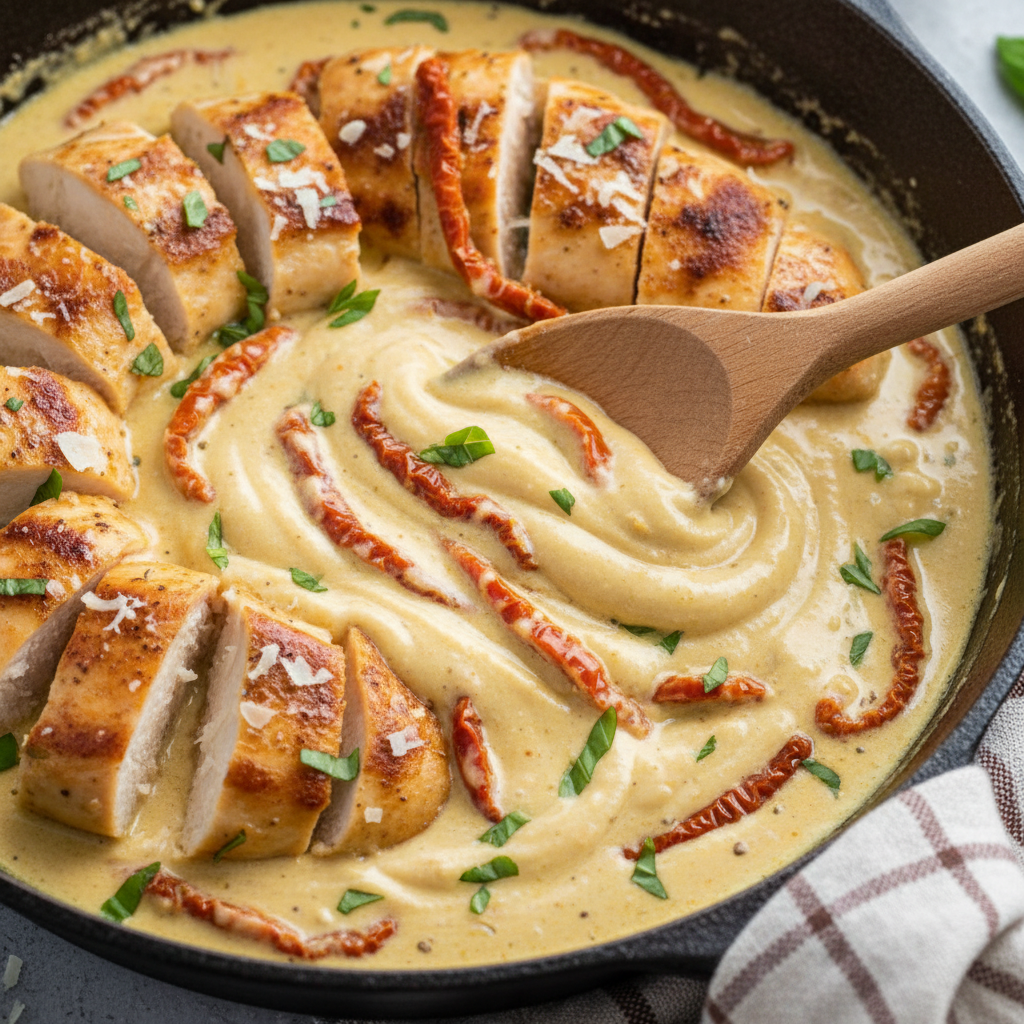 Creamy Parmesan sauce simmering in skillet