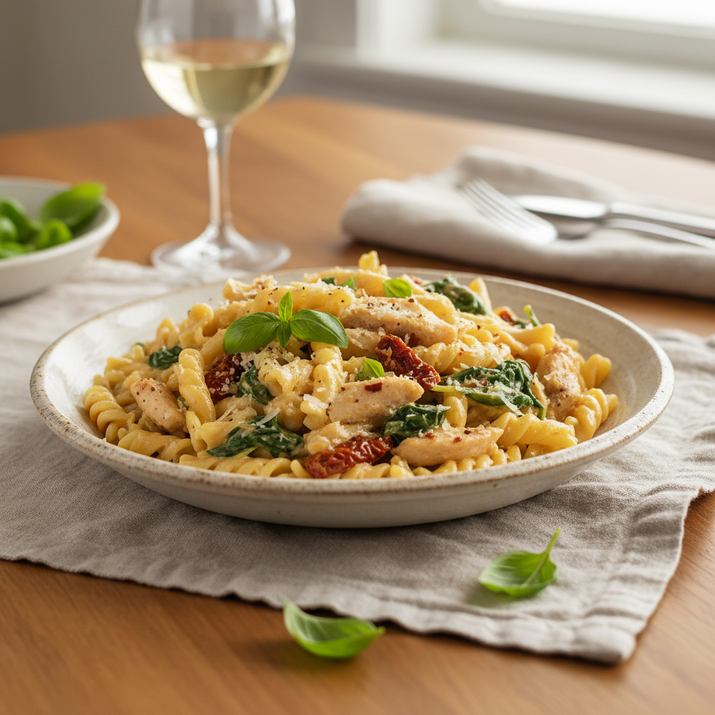 Finished Marry Me Chicken Pasta served with side salad and bread