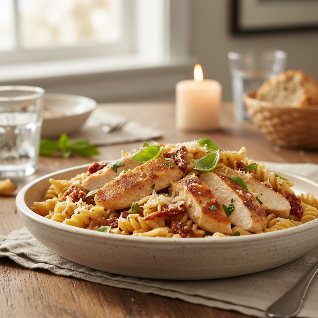 Creamy Marry Me Chicken Pasta close up with garnish