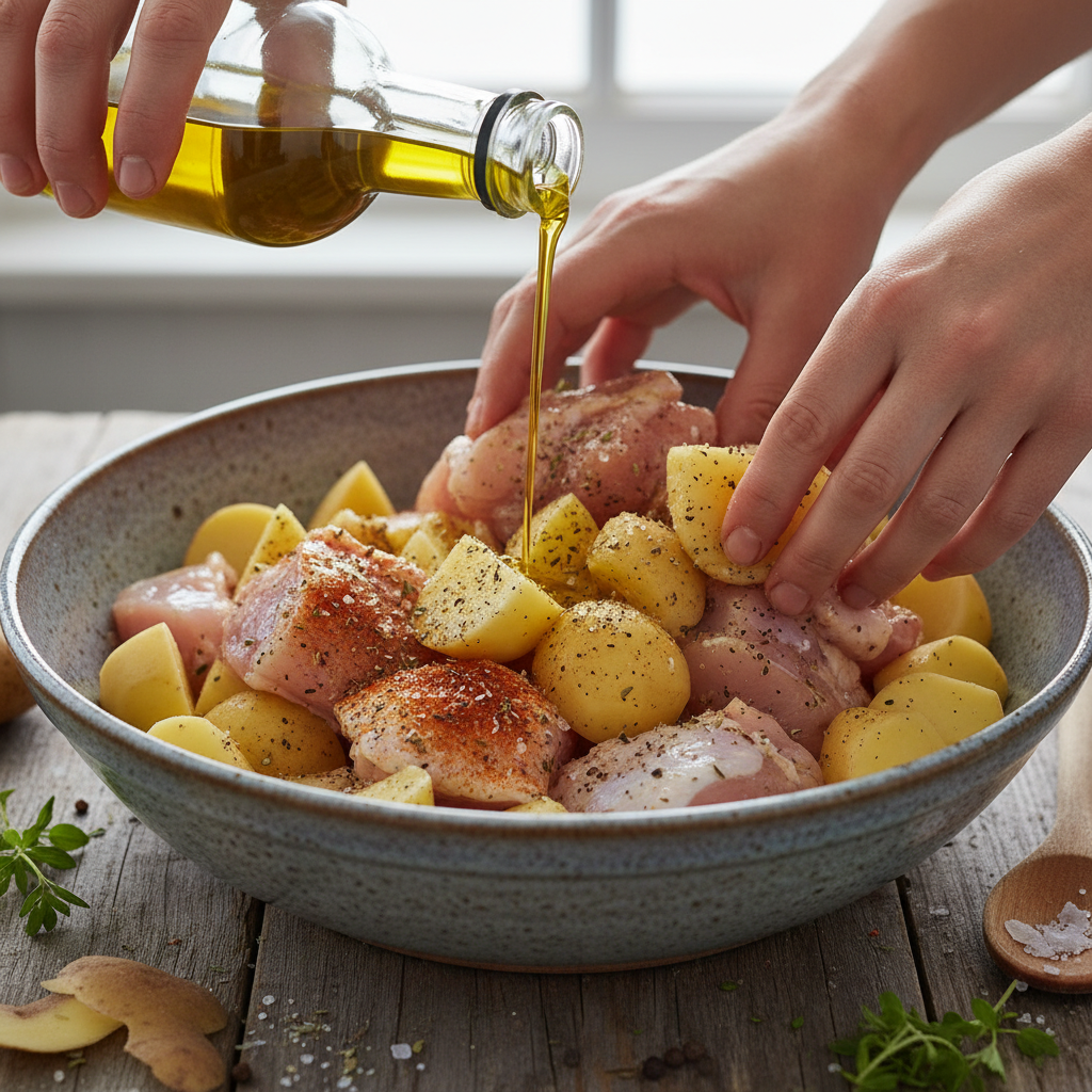 Sautéed chicken pieces with spices in a pan