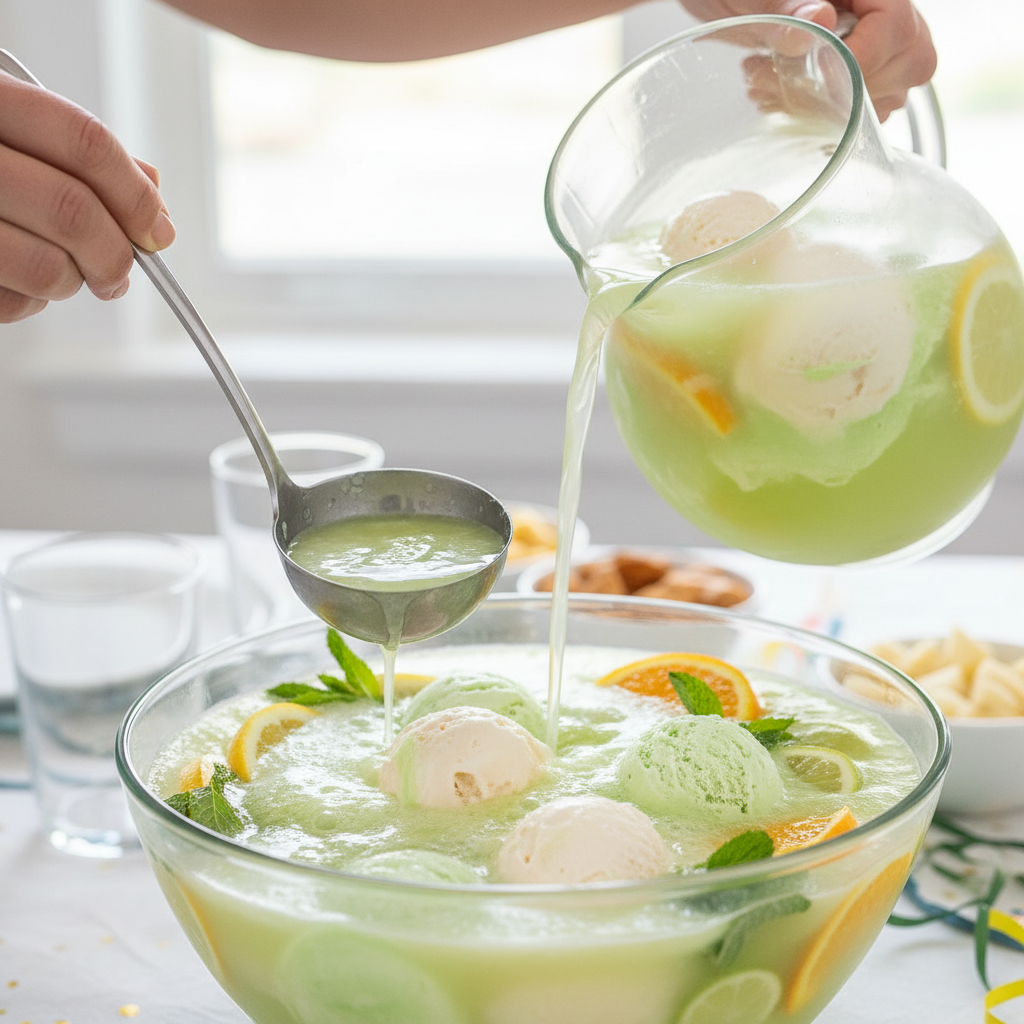 Adding lemon-lime soda to the punch bowl carefully to preserve fizz