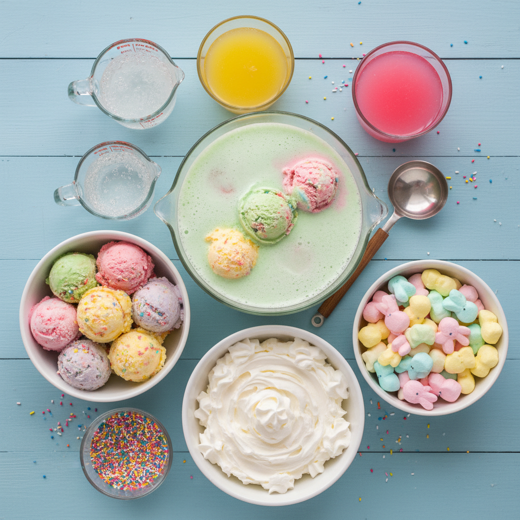 Ingredients for Marshmallow Peep Punch including soda, lemonade, pineapple juice, sherbet and marshmallow Peeps