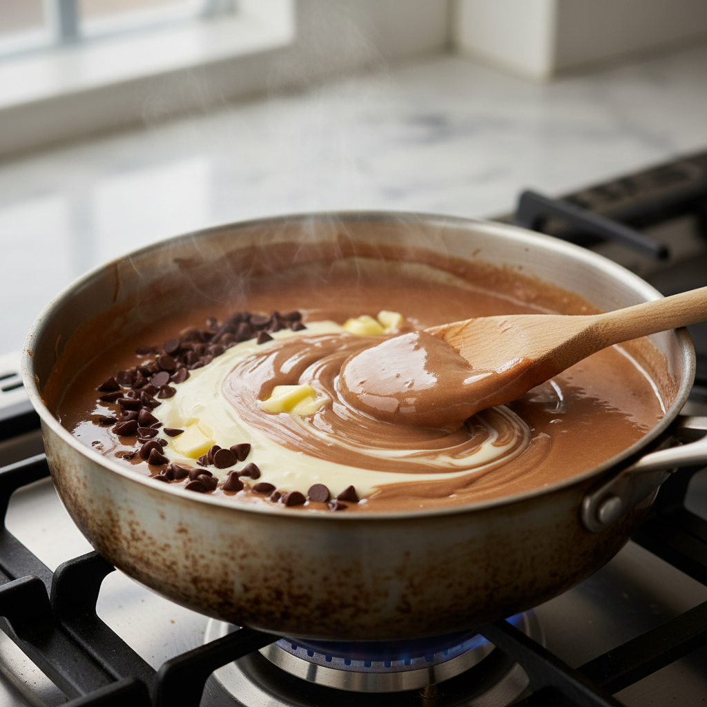 Melting chocolate and mixing fudge ingredients