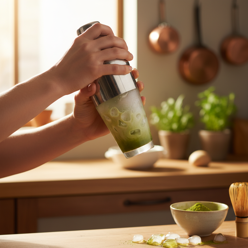 Shaking the matcha cocktail in a shaker