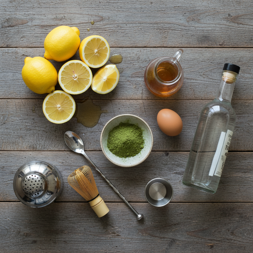 Cocktail shaker and ingredients for matcha cocktail