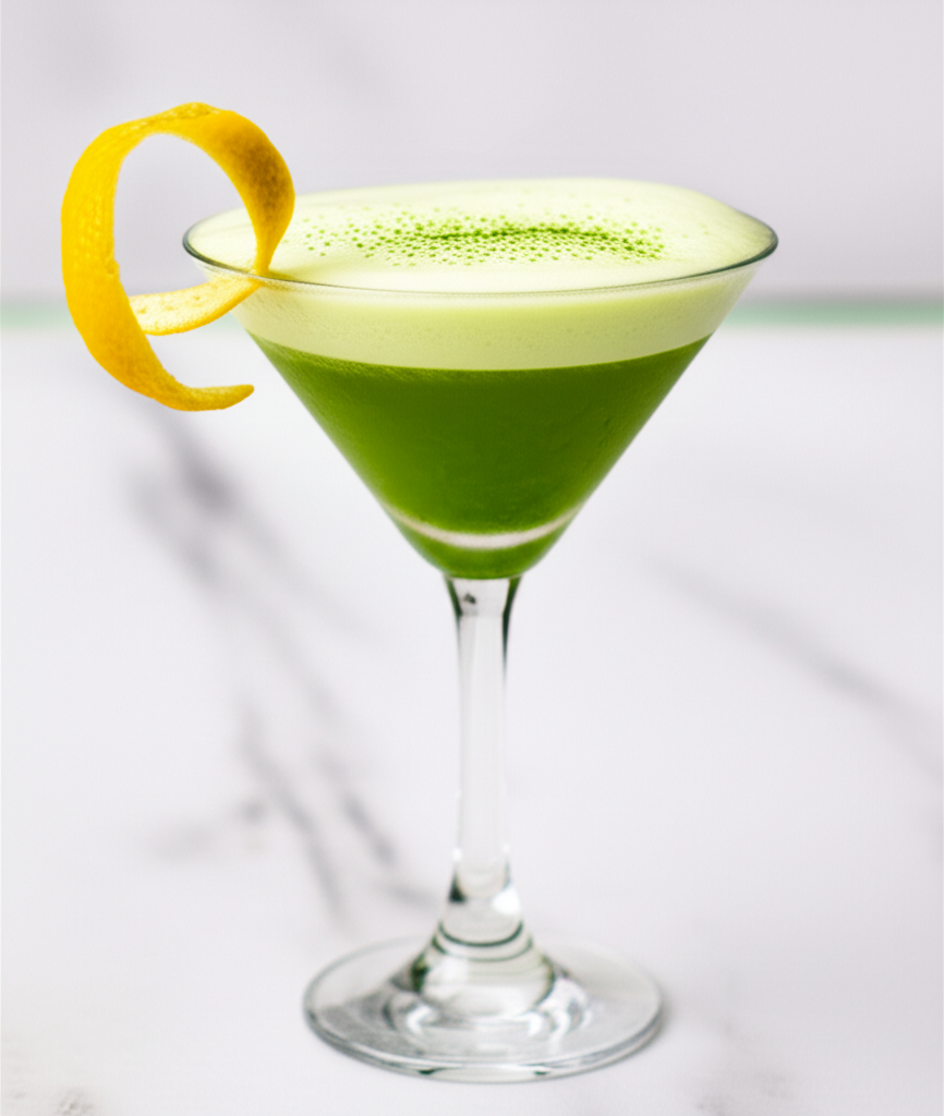 Matcha Green Tea Cocktail in a glass with frothy top
