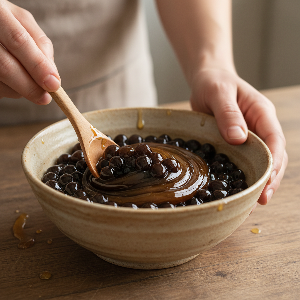 Cooking tapioca pearls in a pot