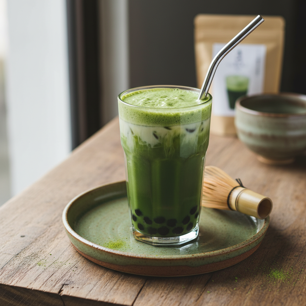 Finished matcha bubble tea ready to serve