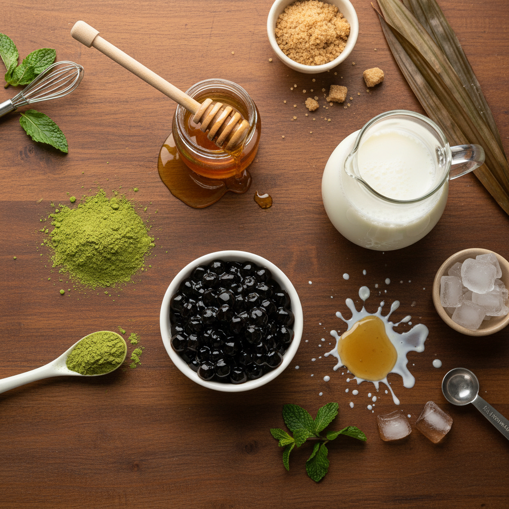 Ingredients and utensils for matcha bubble tea