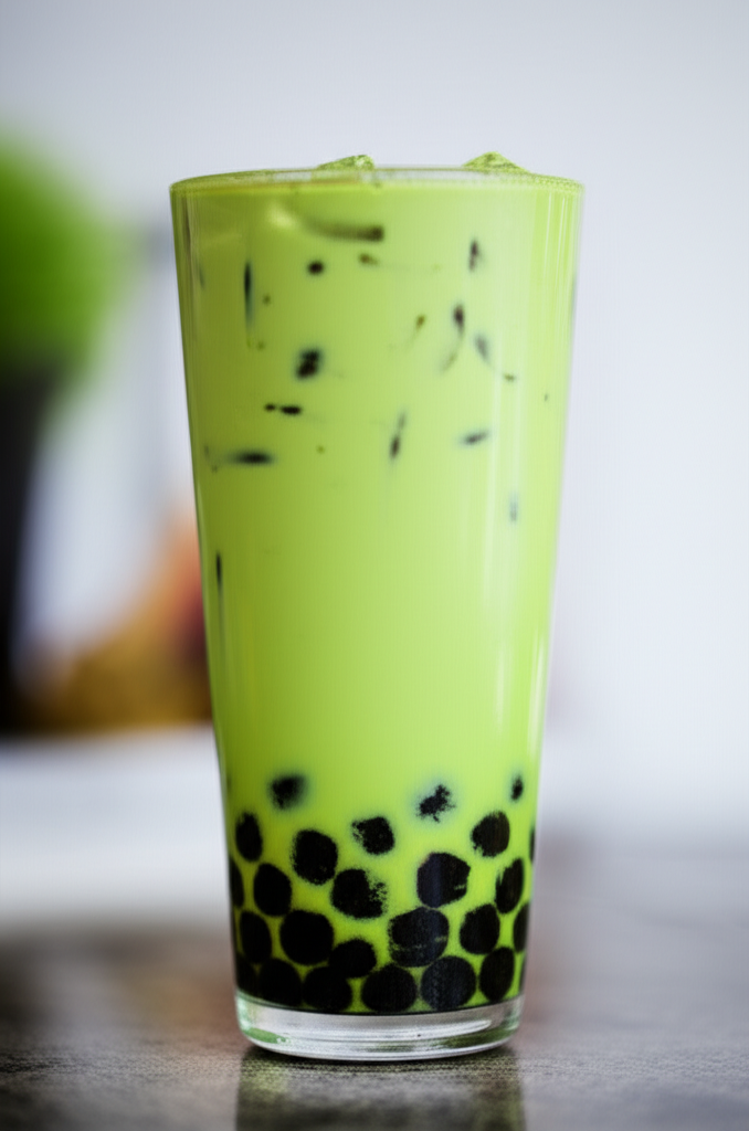 Matcha bubble tea with tapioca pearls in a glass