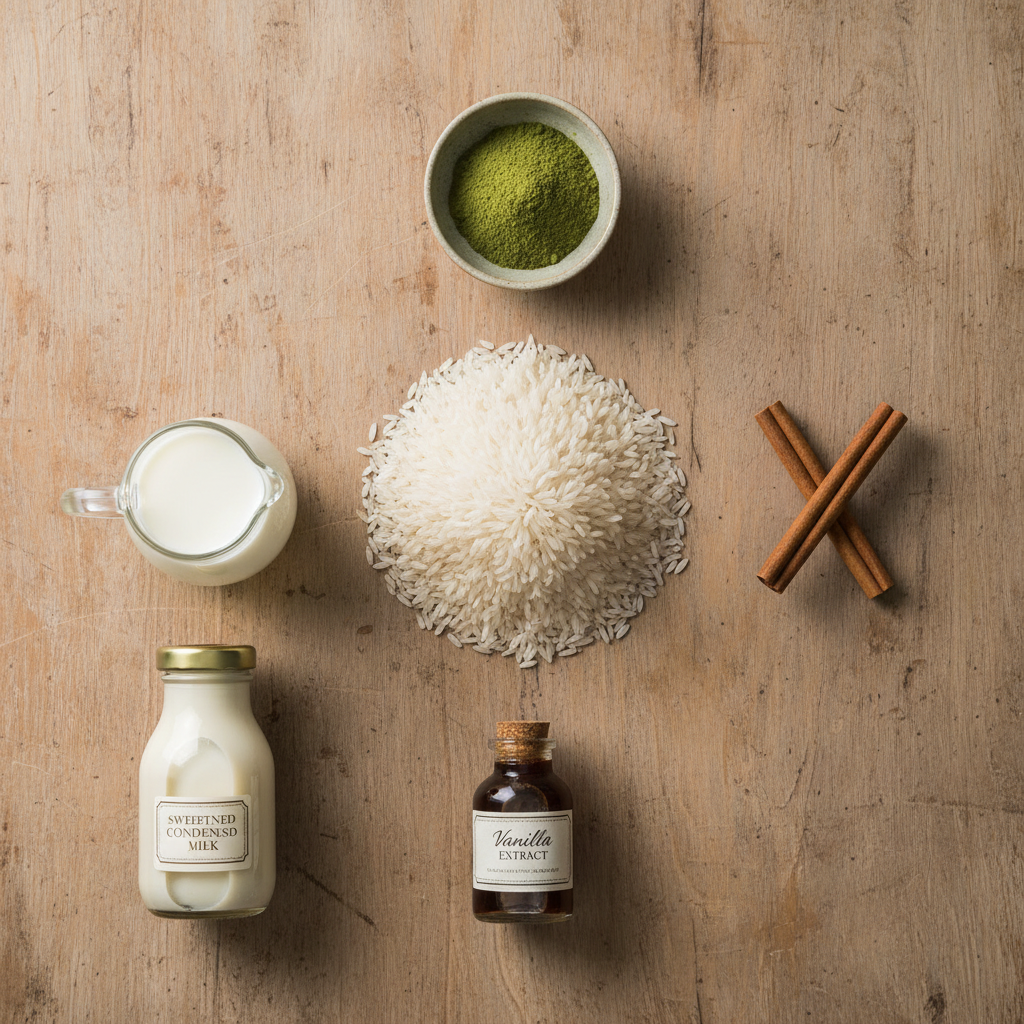 Ingredients for Matcha Horchata on a rustic table
