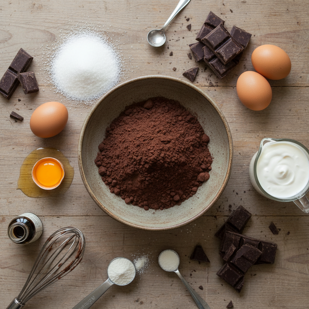 Ingredients for brownie base, mousse, and ganache