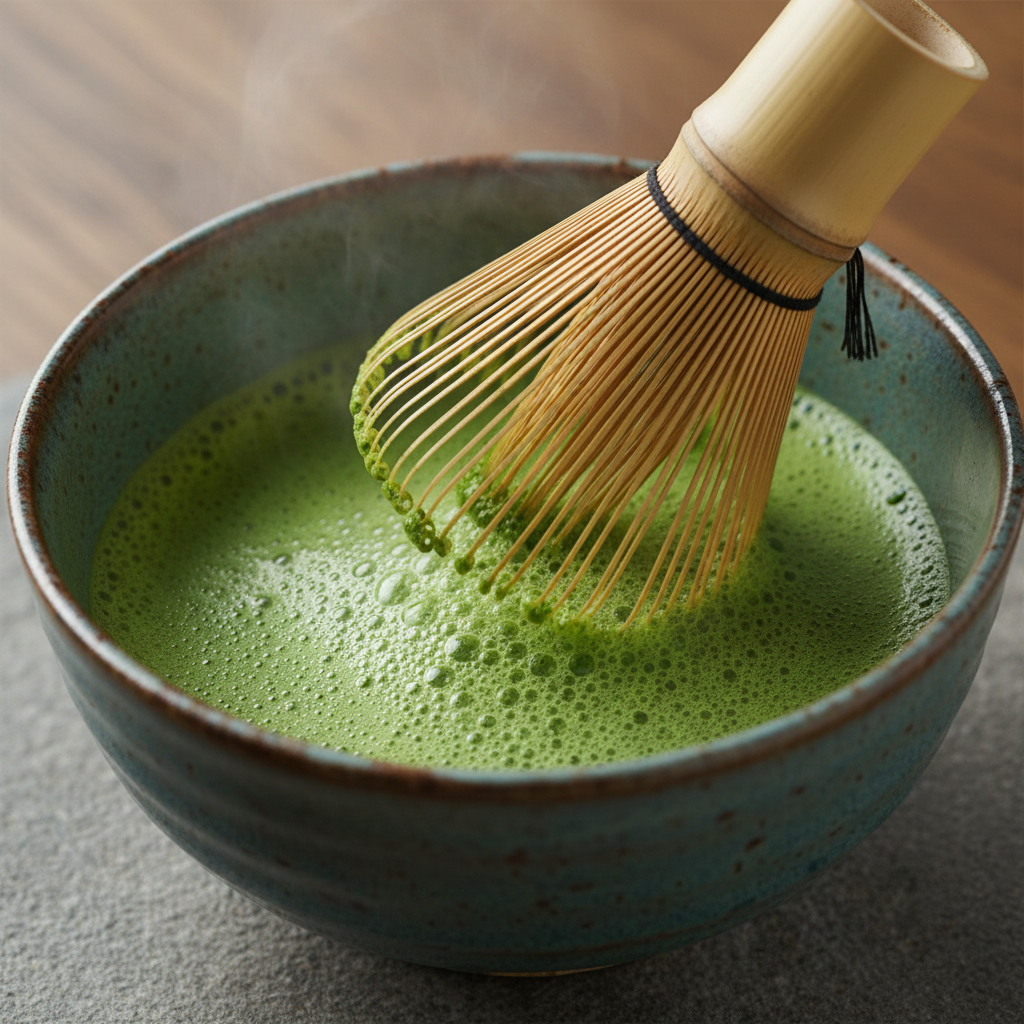 Whisking matcha powder and hot water in a bowl
