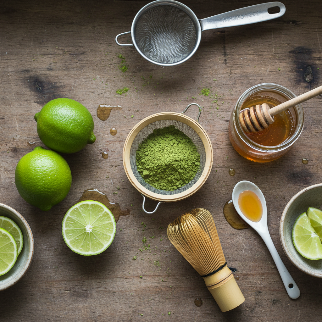 Ingredients for Matcha Lime Energizer on a wooden table