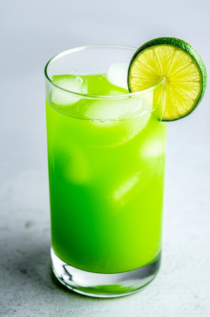 Refreshing Matcha Lime Energizer drink in glass with lime slice