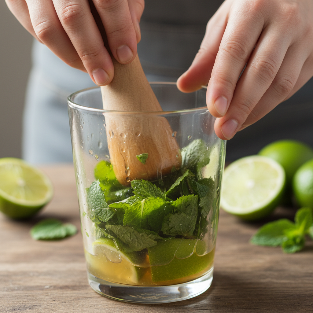 Crushing fresh mint leaves with lime juice