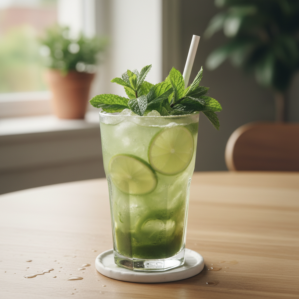Refreshing glass of Matcha Mojito garnished with lime and mint