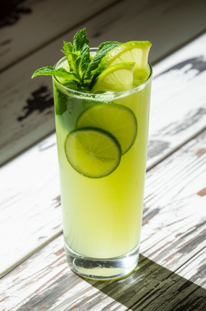 Refreshing Matcha Mojito drink with mint and lime