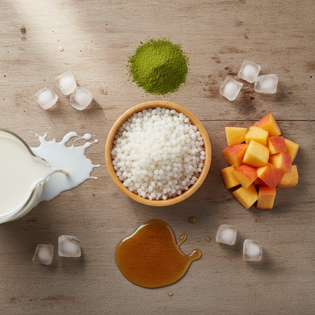 Ingredients for Matcha Peach Sago Drink