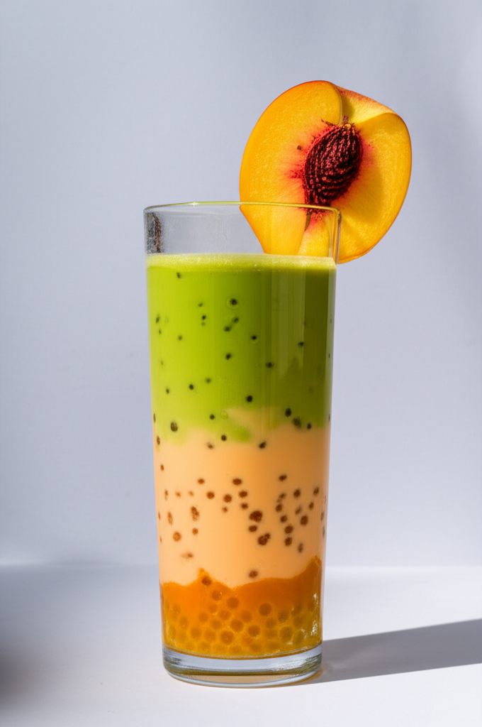 Matcha Peach Sago Drink in a glass