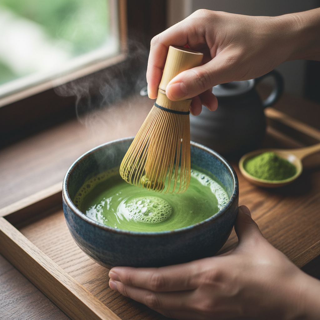 Preparing matcha and frothing milk
