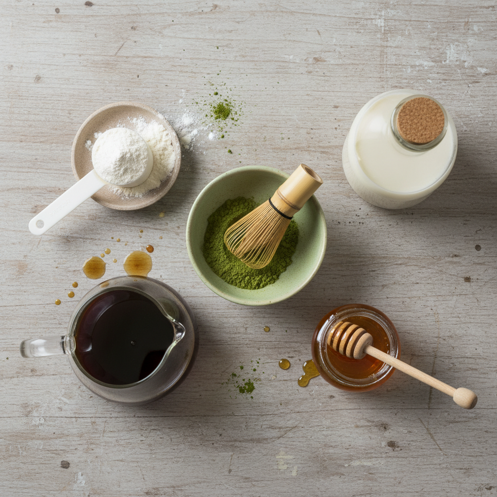 Ingredients for matcha protein coffee latte