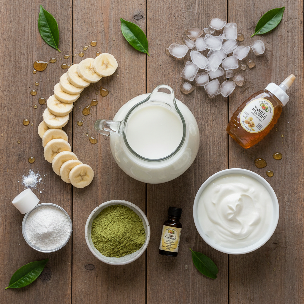 Ingredients and Utensils for Matcha Protein Shake