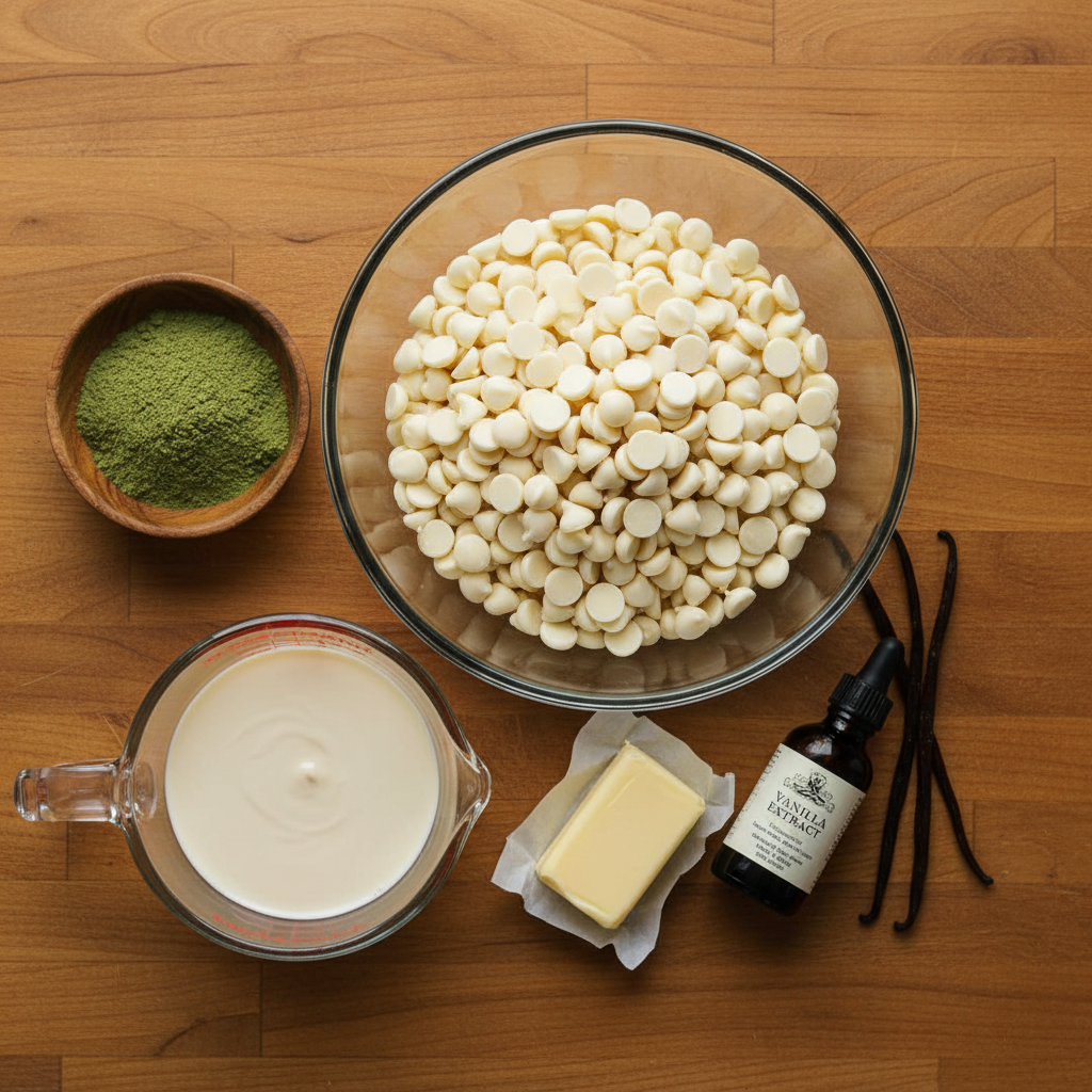 Ingredients for matcha white chocolate fudge