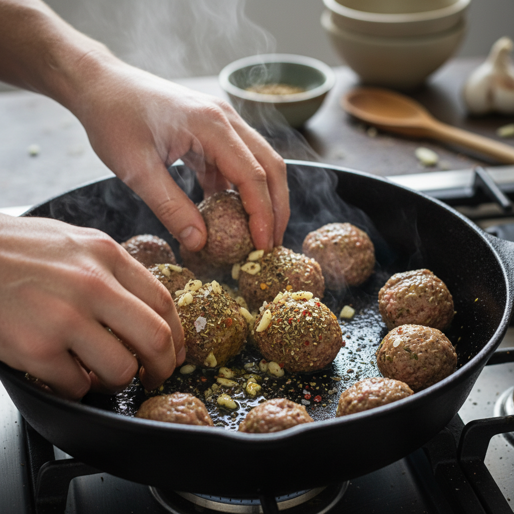 Cooking meatballs and rice in skillet