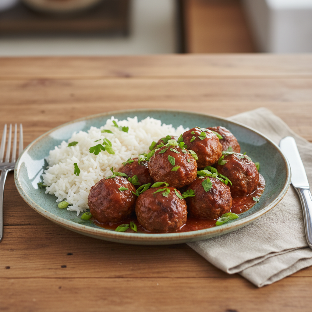 Serving suggestion with meatballs and rice