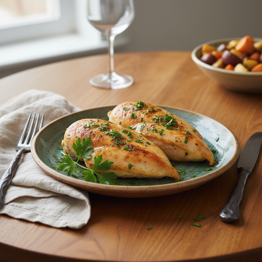 Served chicken dish with sides