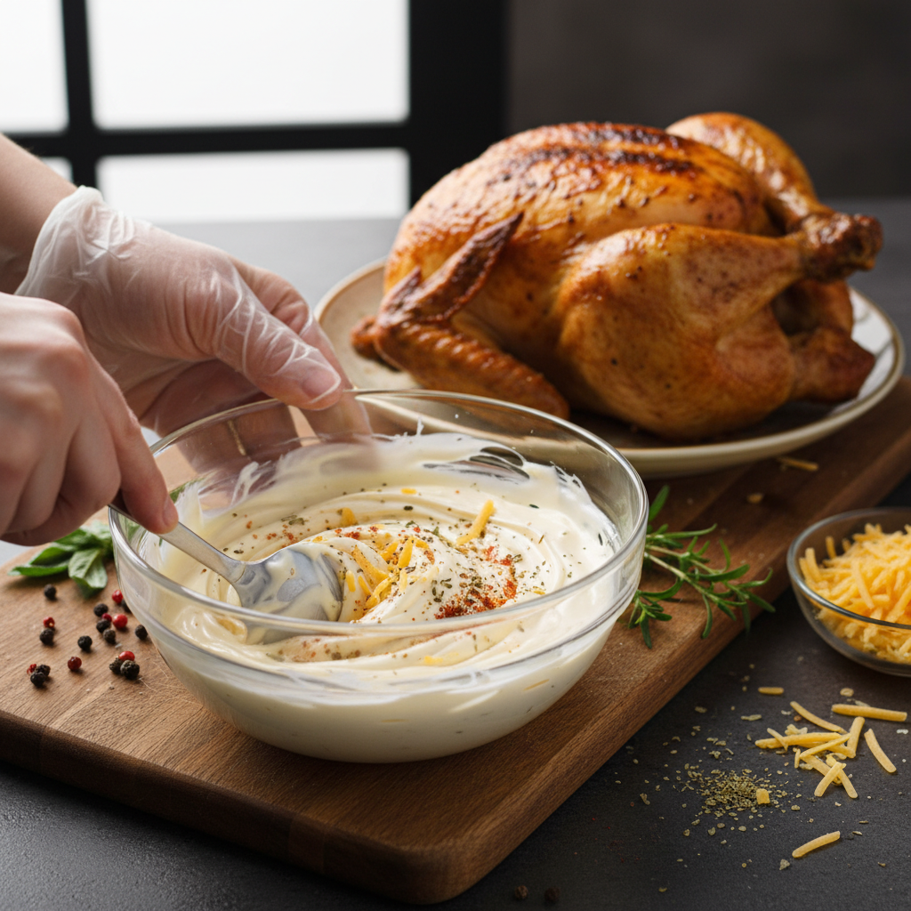 Mixing creamy coating ingredients in bowl